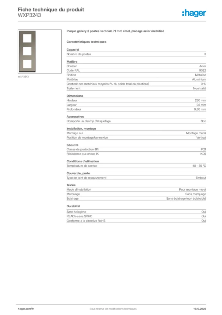 Image Hager Fiche technique du produit WXP3243 | Hager France