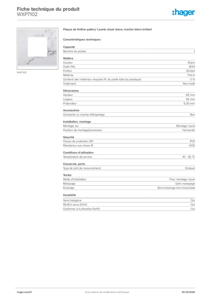 Image Hager Fiche technique du produit WXP7102 | Hager France