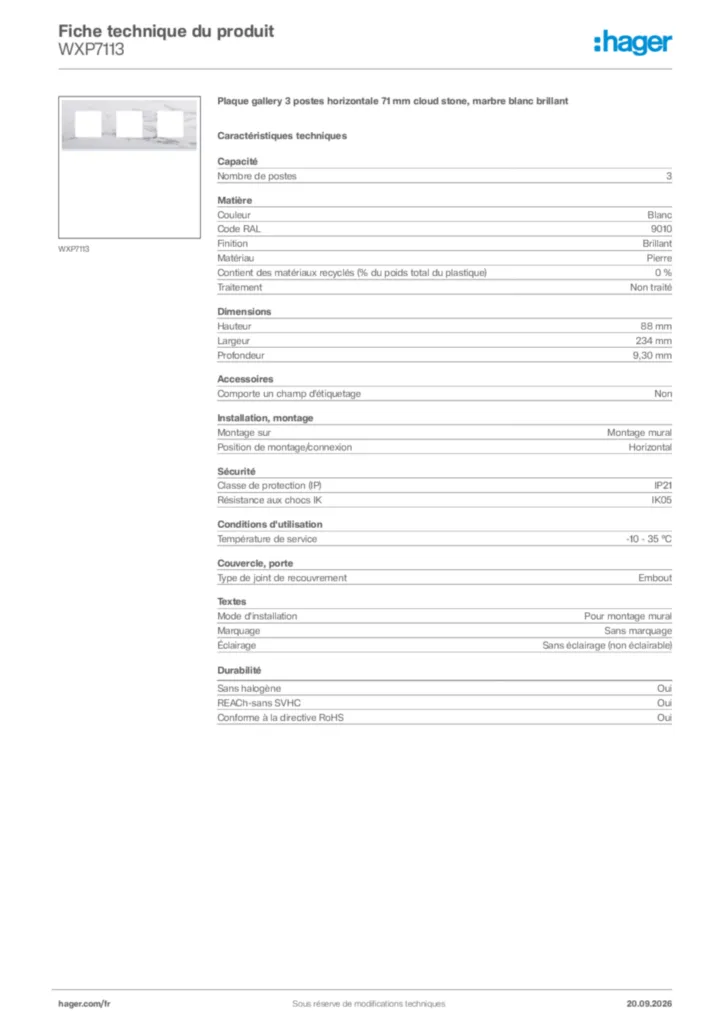 Image Hager Fiche technique du produit WXP7113 | Hager France