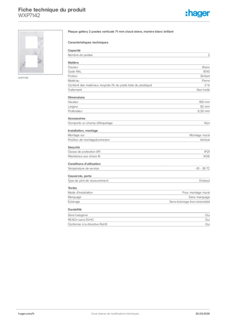 Image Hager Fiche technique du produit WXP7142 | Hager France
