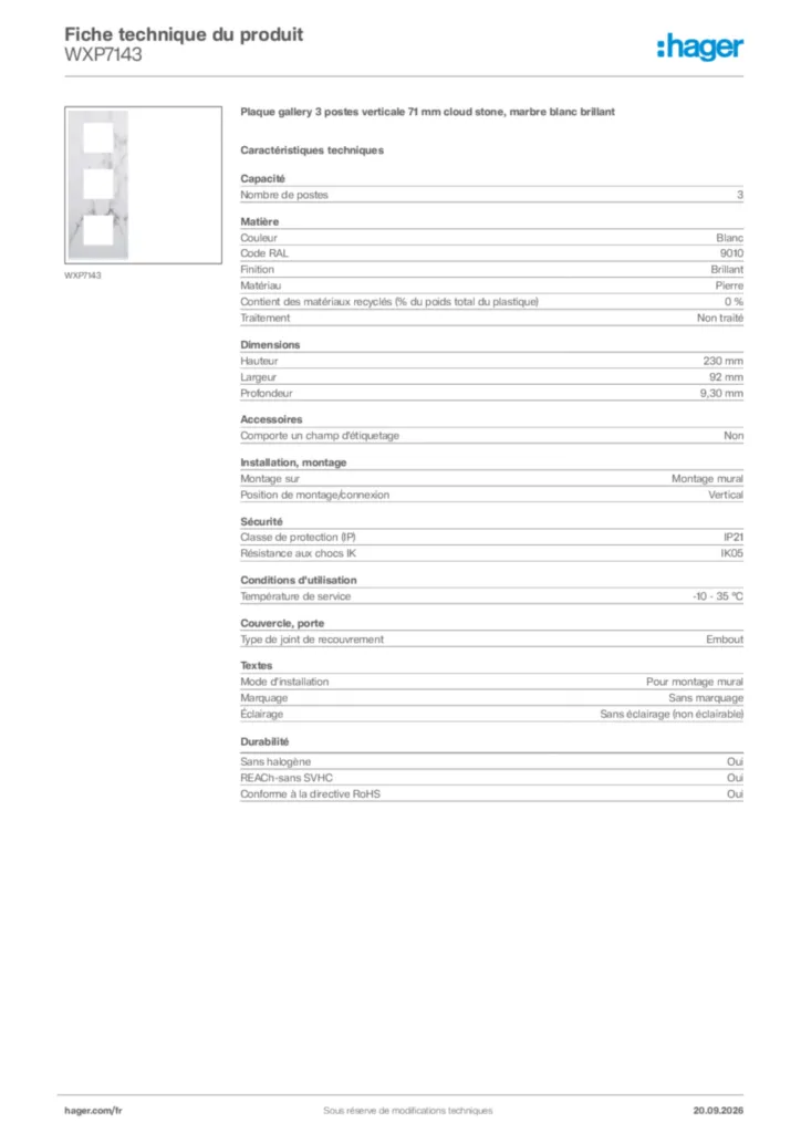 Image Hager Fiche technique du produit WXP7143 | Hager France