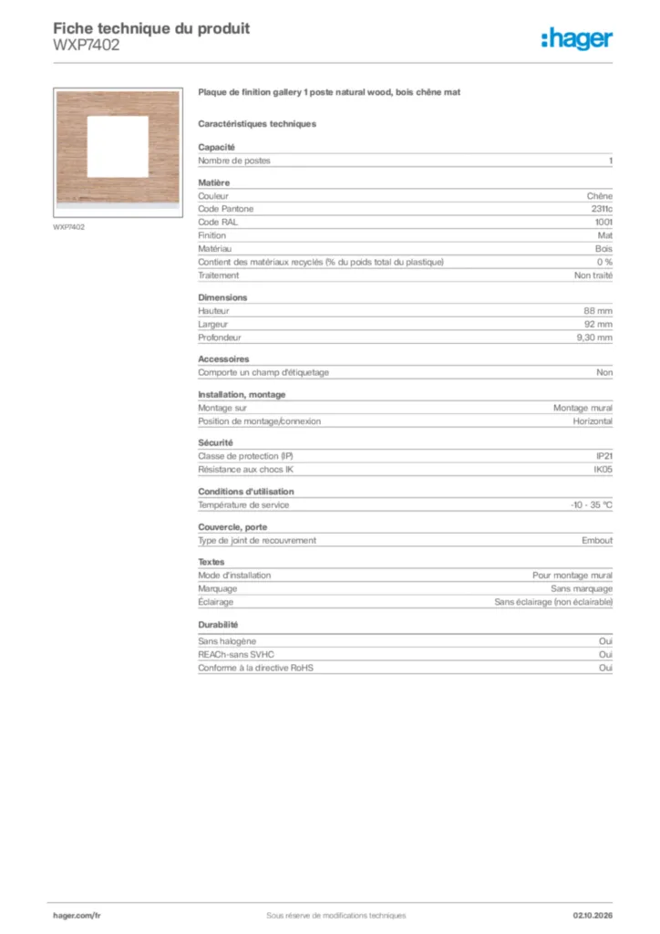 Image Hager Fiche technique du produit WXP7402 | Hager France