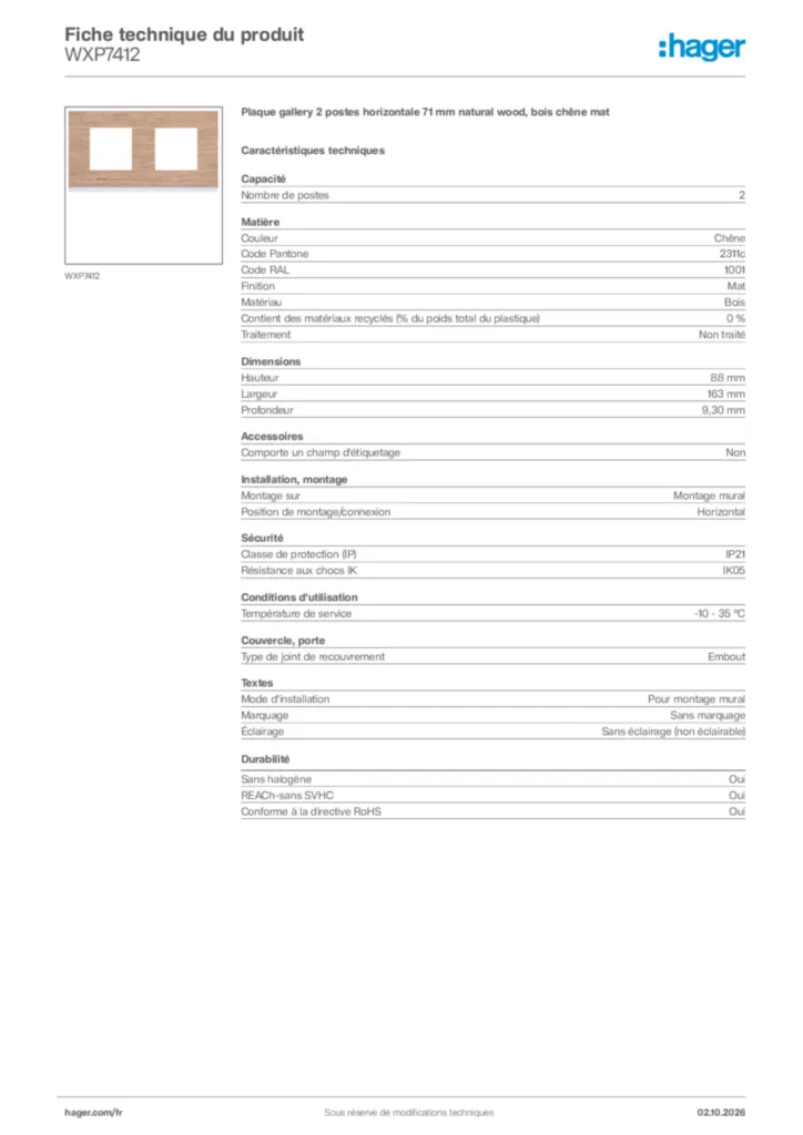 Image Hager Fiche technique du produit WXP7412 | Hager France