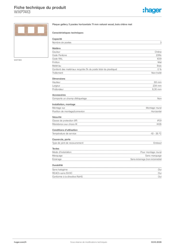 Image Hager Fiche technique du produit WXP7413 | Hager France