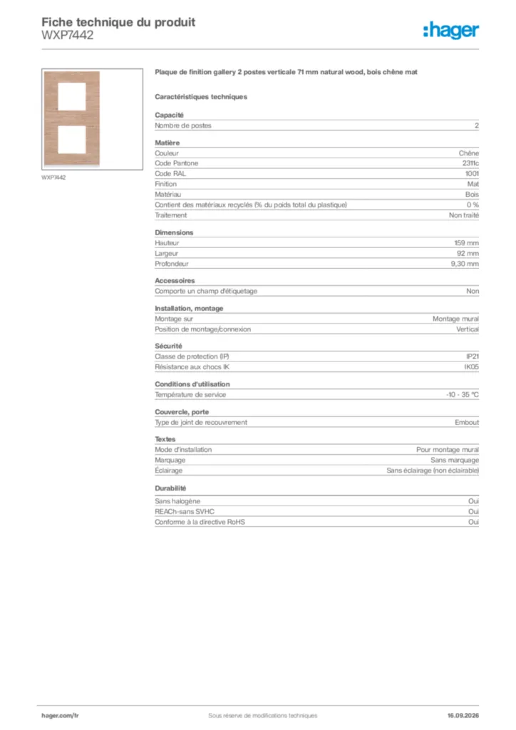 Image Hager Fiche technique du produit WXP7442 | Hager France