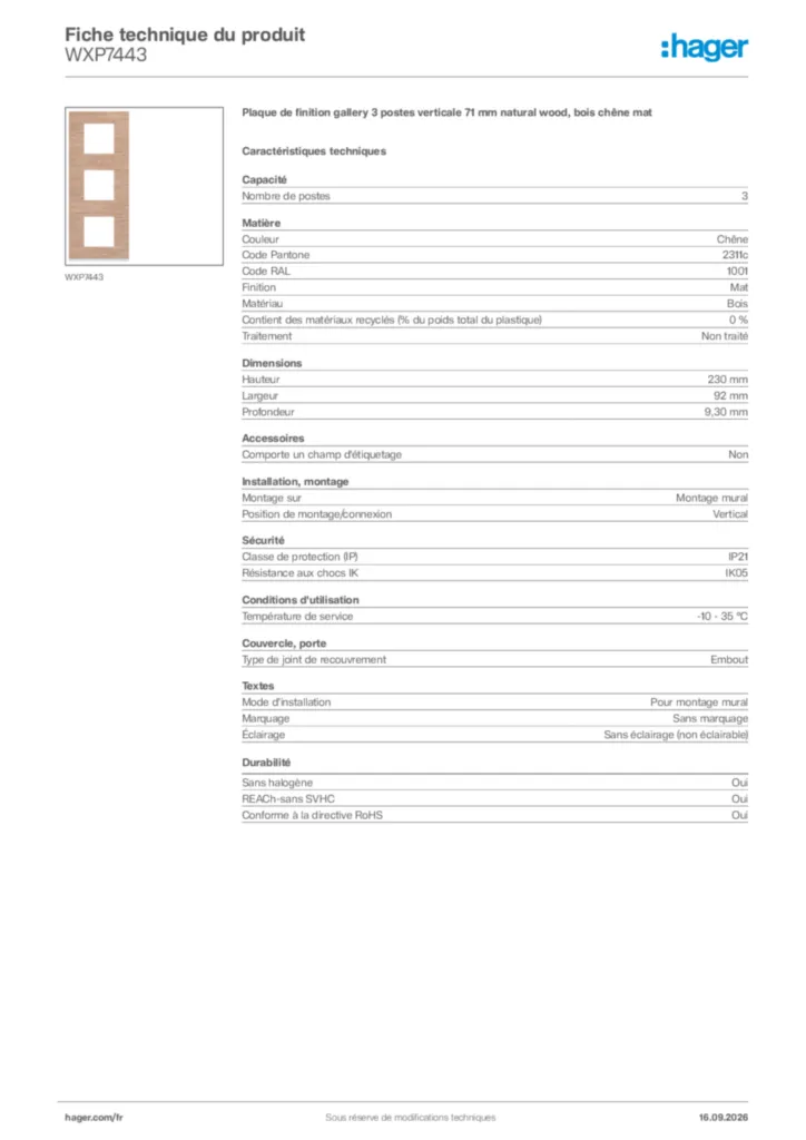 Image Hager Fiche technique du produit WXP7443 | Hager France
