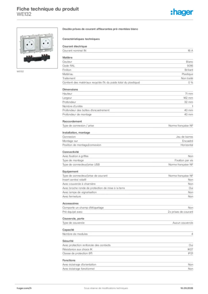 Image Hager Fiche technique du produit WE132 | Hager France
