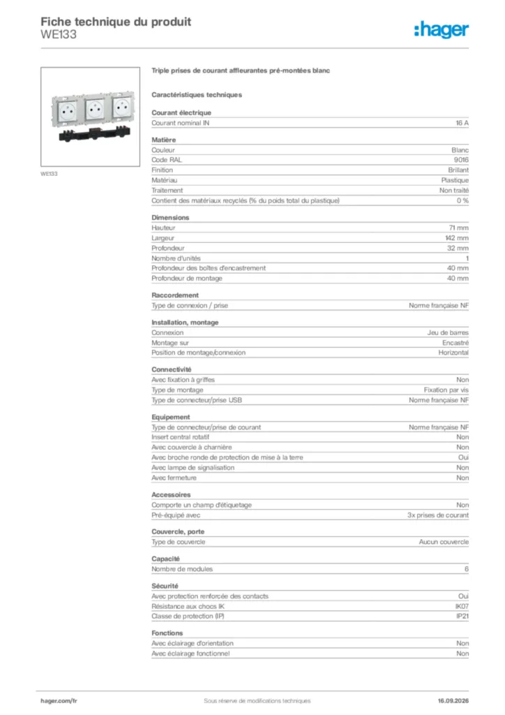 Image Hager Fiche technique du produit WE133 | Hager France