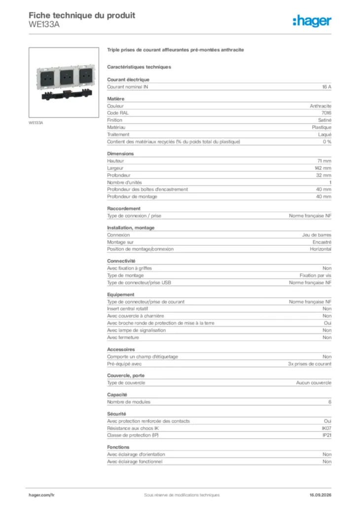 Image Hager Fiche technique du produit WE133A | Hager France