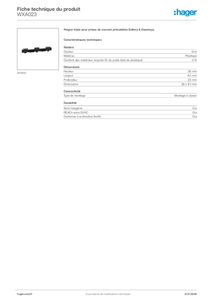 Image Hager Fiche technique du produit WXA023 | Hager France