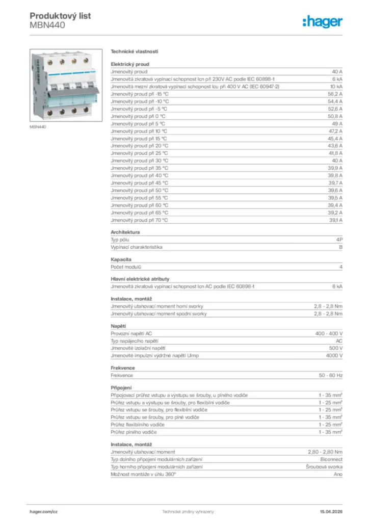 Obrázek Hager Product data sheet MBN440 | Hager