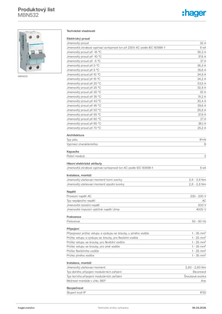 Obrázek Hager Product data sheet MBN532 | Hager