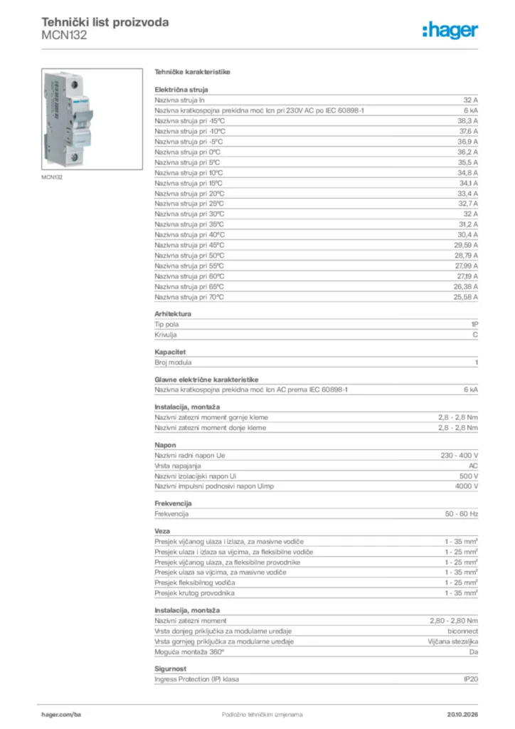 Slika Hager Tehnički list proizvoda MCN132  | Hager