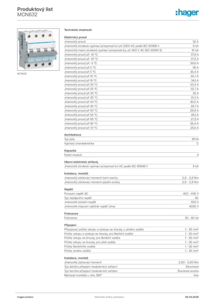Obrázek Hager Product data sheet MCN632 | Hager