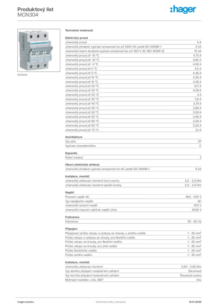 Obrázek Hager Product data sheet MCN304 | Hager
