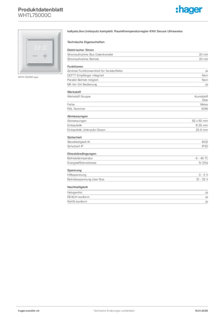 Bild Hager Produktdatenblatt WHTL75000C | Hager Schweiz