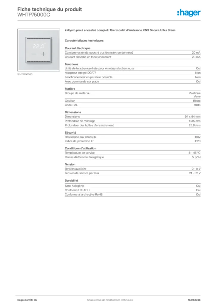 Image Hager Fiche technique du produit WHTP75000C | Hager Suisse