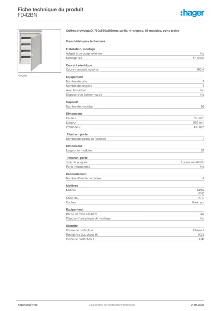 Image Hager Fiche technique du produit FD42BN | Hager Belgique