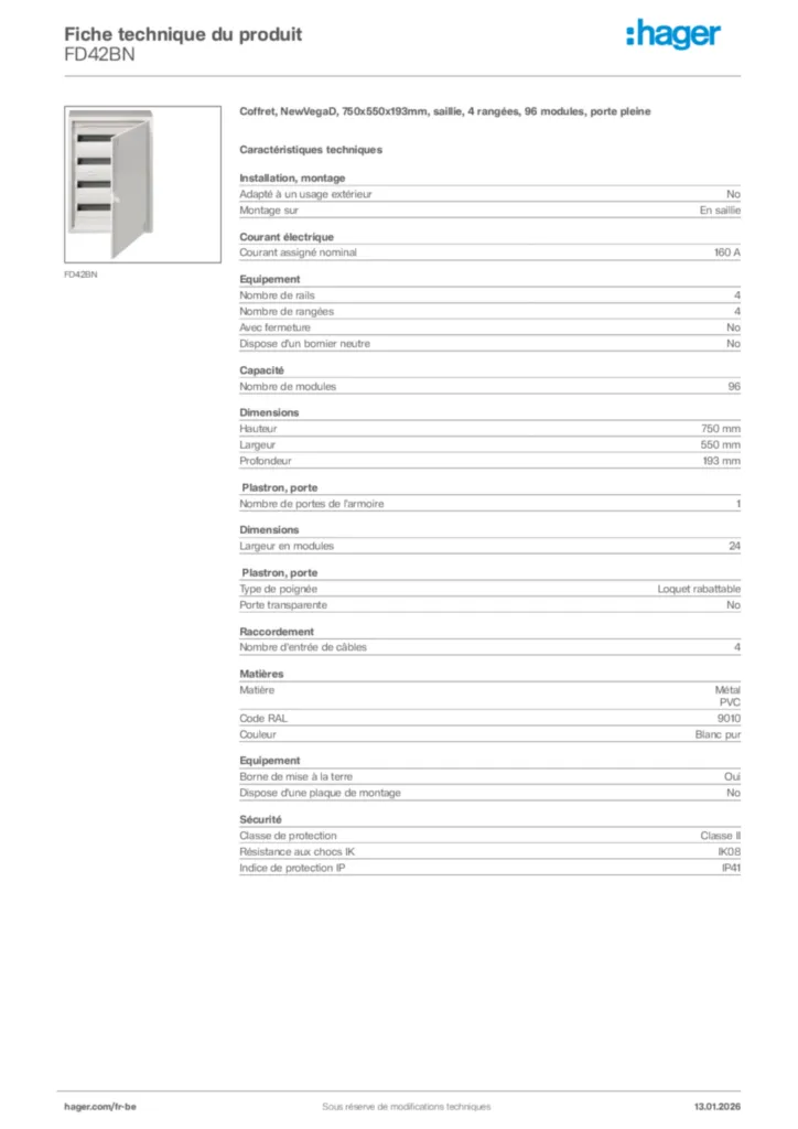 Image Hager Fiche technique du produit FD42BN | Hager Belgique