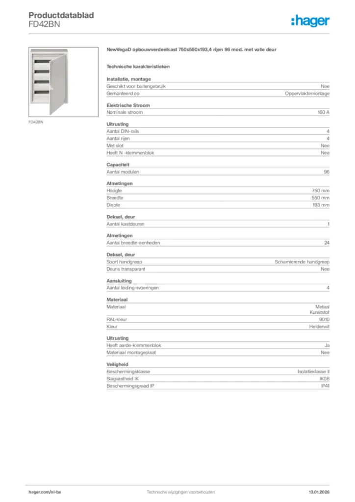 Afbeelding Hager Productdatablad FD42BN | Hager Belgium