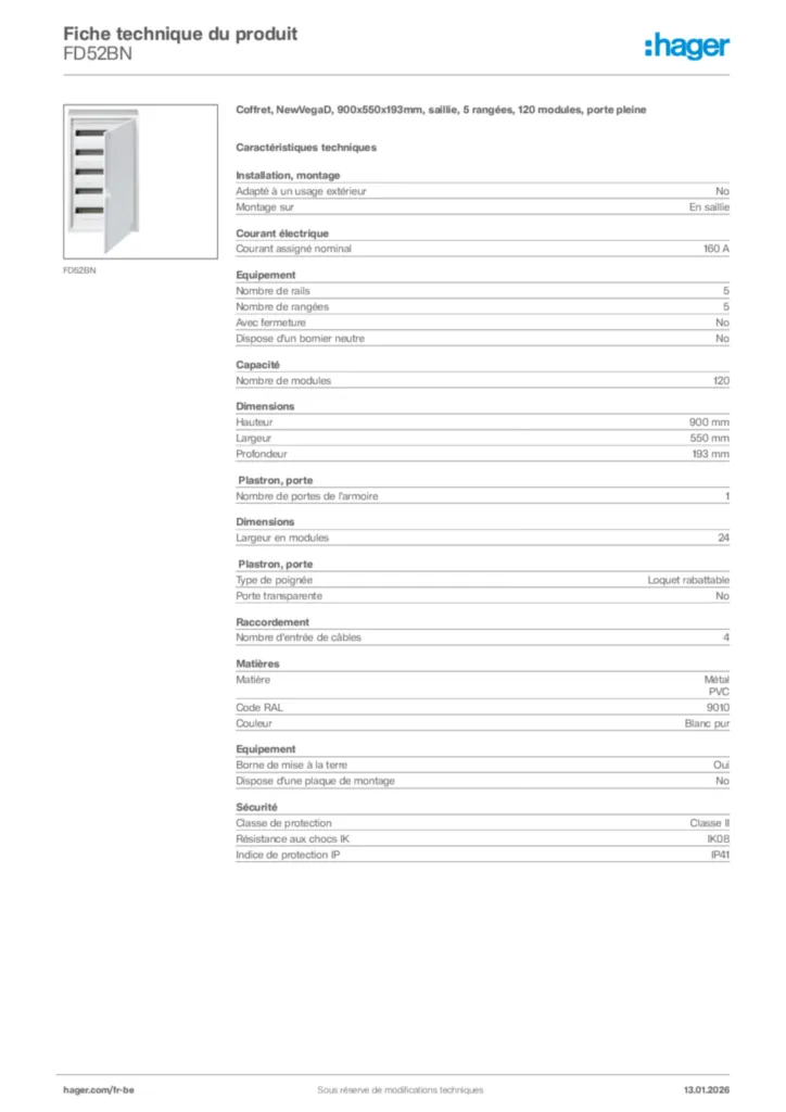 Image Hager Fiche technique du produit FD52BN | Hager Belgique