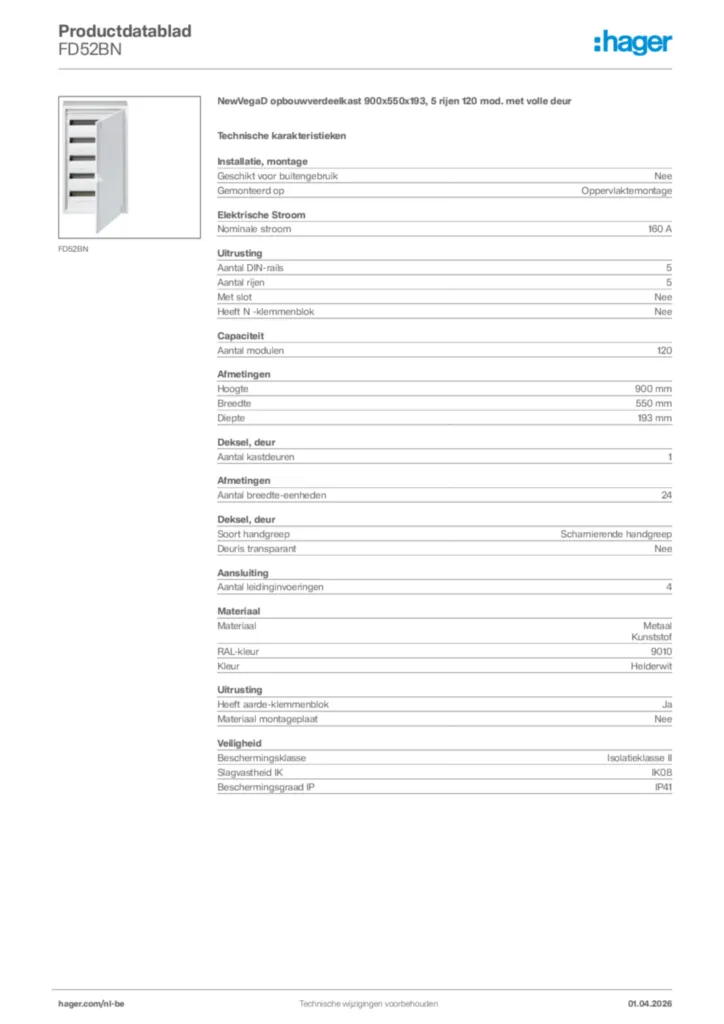 Afbeelding Hager Productdatablad FD52BN | Hager Belgium
