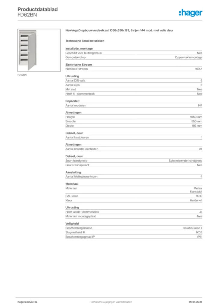 Afbeelding Hager Productdatablad FD62BN | Hager Belgium