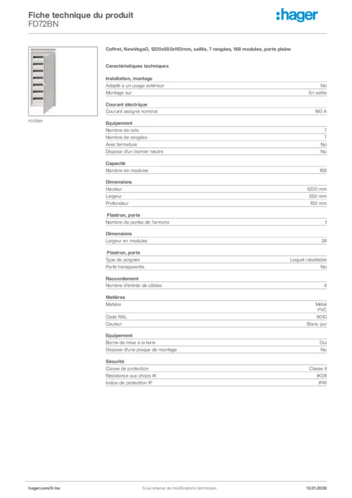 Image Hager Fiche technique du produit FD72BN | Hager Belgique