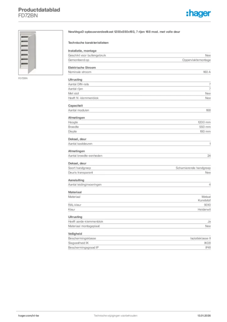Afbeelding Hager Productdatablad FD72BN | Hager Belgium