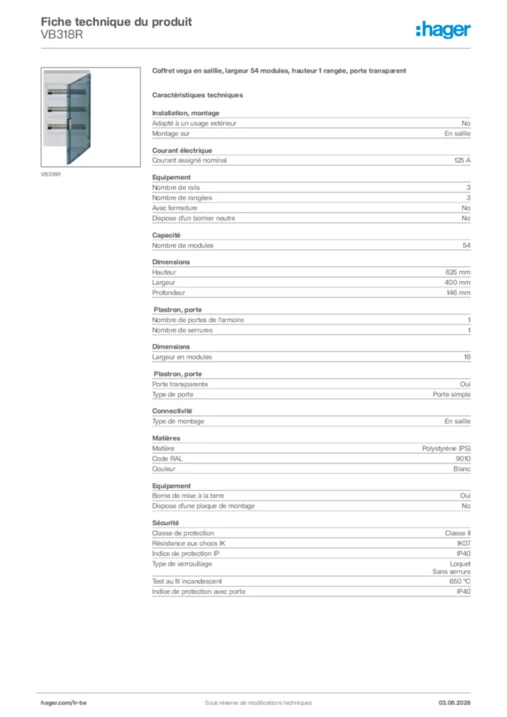 Image Hager Fiche technique du produit VB318R | Hager Belgique
