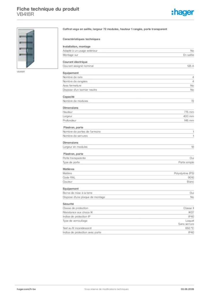 Image Hager Fiche technique du produit VB418R | Hager Belgique