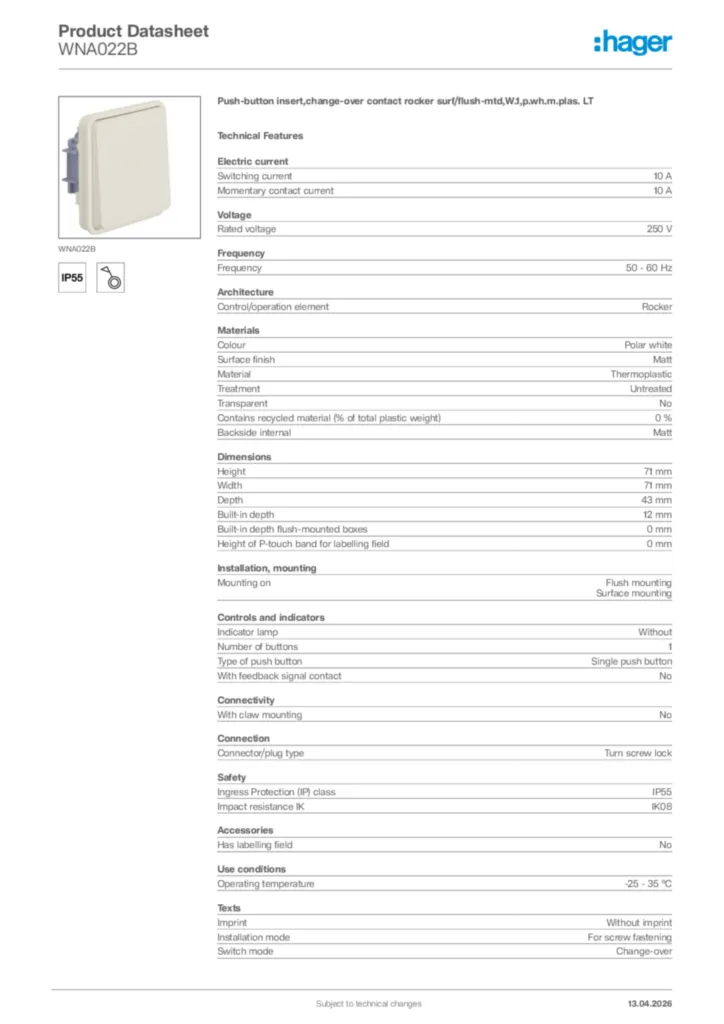 Image Hager Product data sheet WNA022B  | Hager Africa
