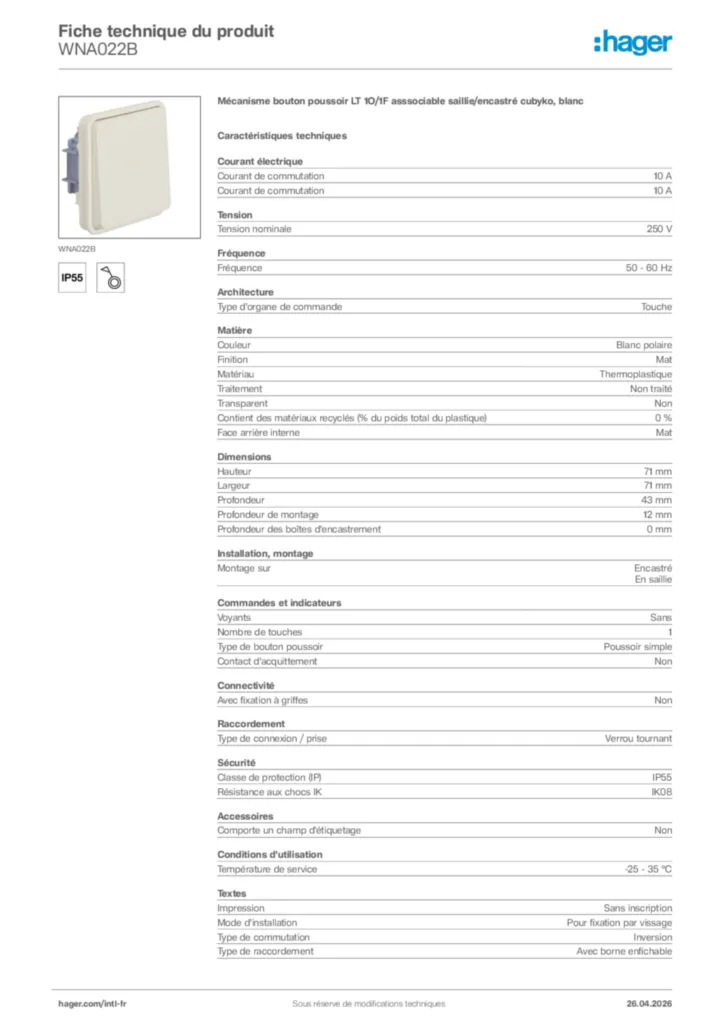 Image Hager Fiche technique du produit WNA022B | Hager Afrique