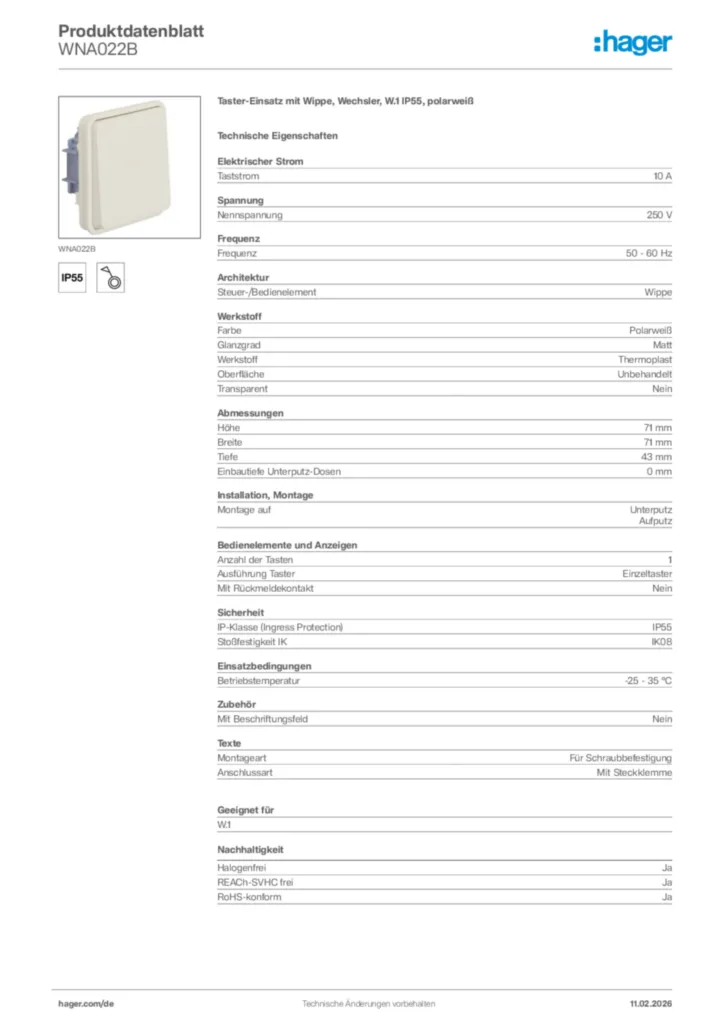 Bild Hager Produktdatenblatt WNA022B | Hager Deutschland