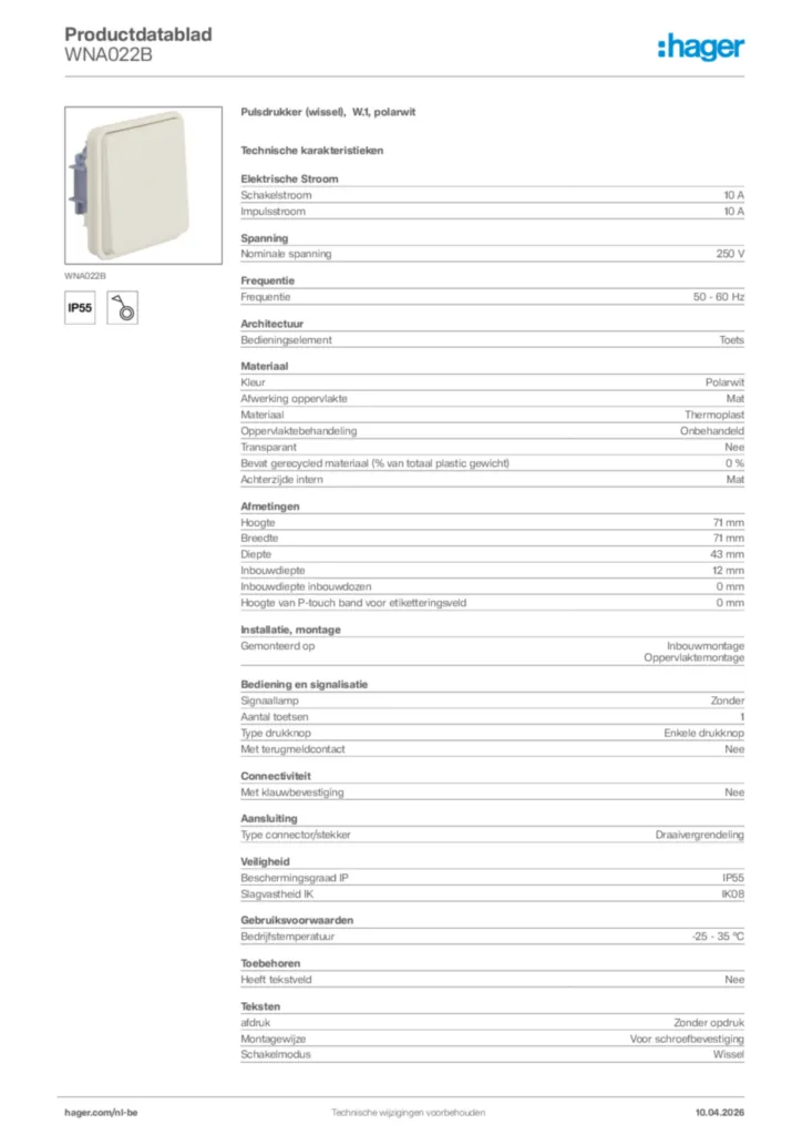 Afbeelding Hager Productdatablad WNA022B | Hager Belgium