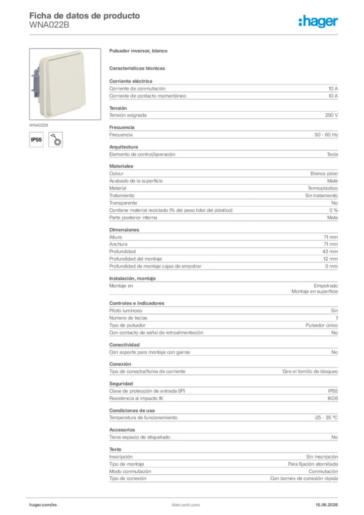 Imagen Hager Ficha de datos de producto WNA022B | Hager España