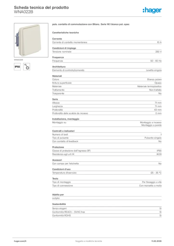 Immagine Hager Scheda tecnica del prodotto WNA022B | Hager Italia