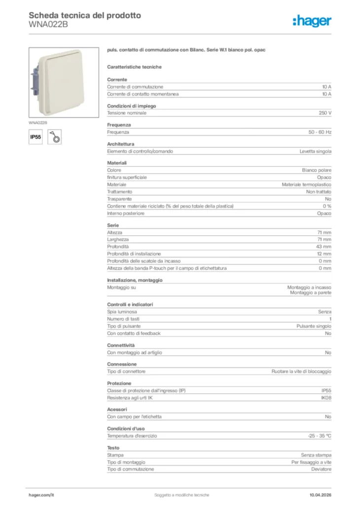 Immagine Hager Scheda tecnica del prodotto WNA022B | Hager Italia