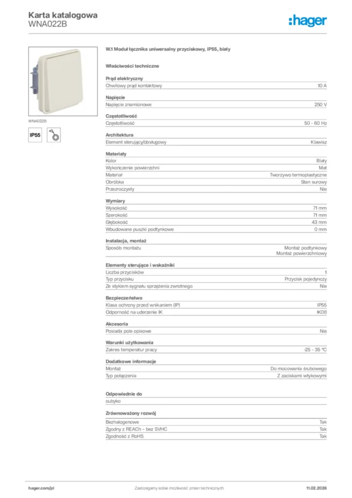 Zdjęcie Hager Karta katalogowa WNA022B | Hager Polska