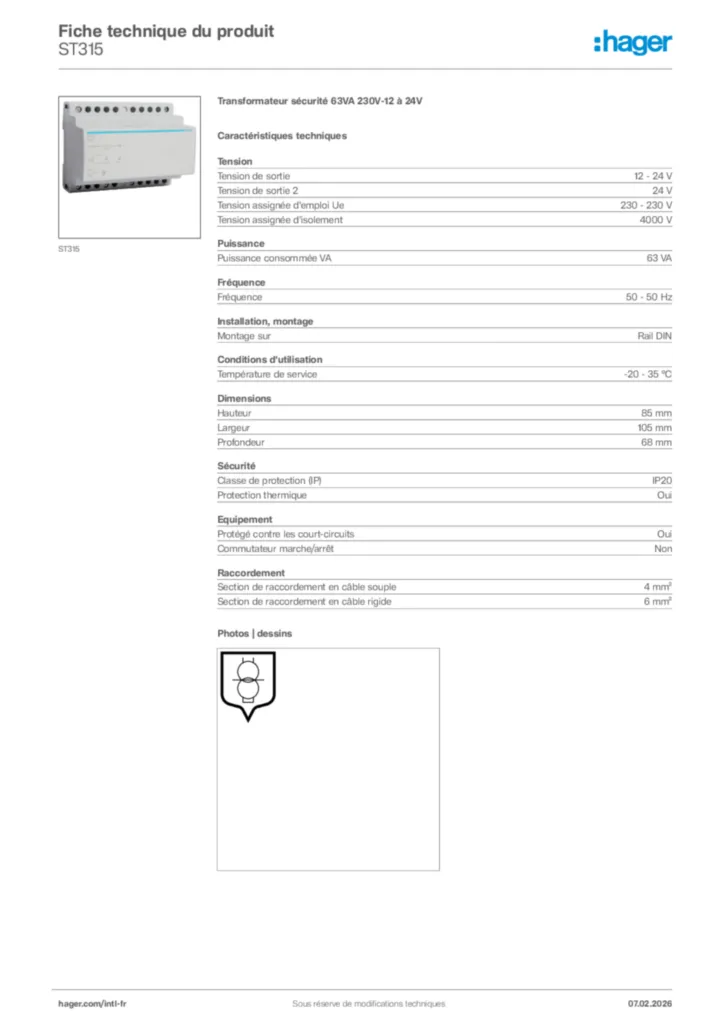 Image Hager Fiche technique du produit ST315 | Hager Afrique