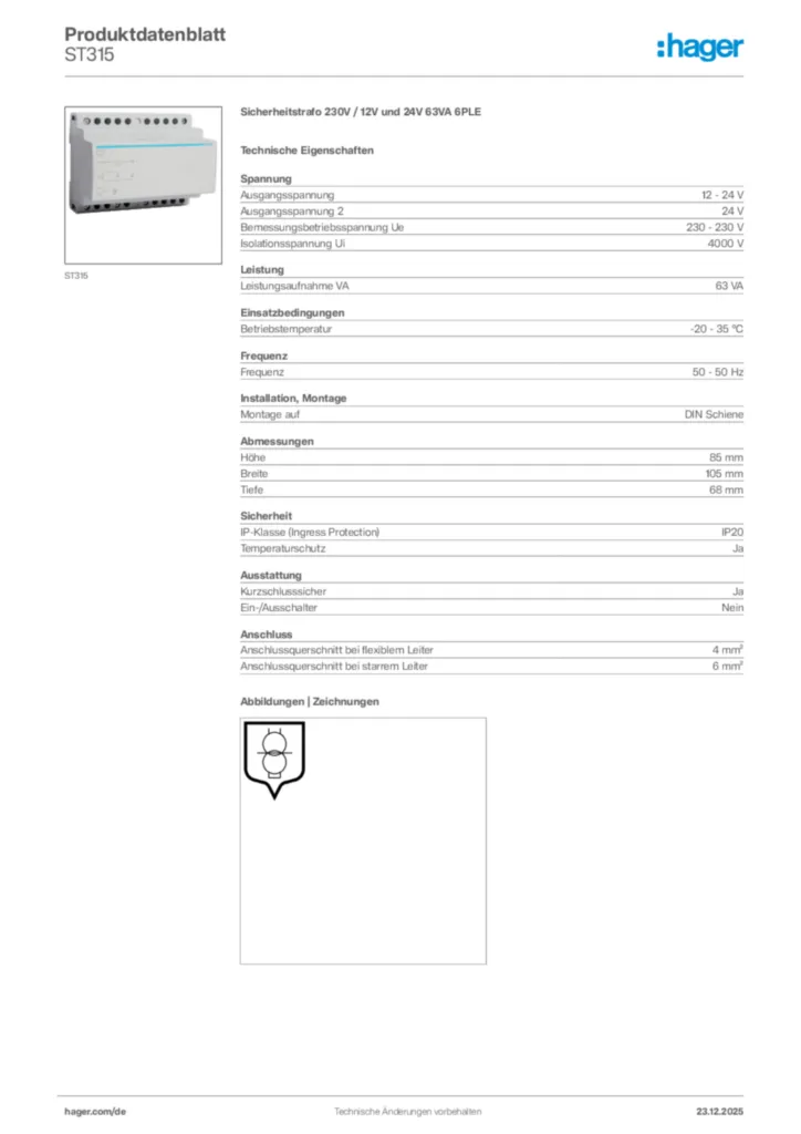 Bild Hager Produktdatenblatt ST315 | Hager Deutschland
