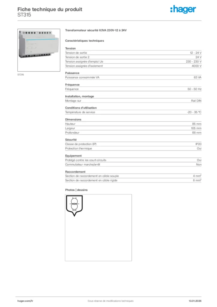 Image Hager Fiche technique du produit ST315 | Hager France