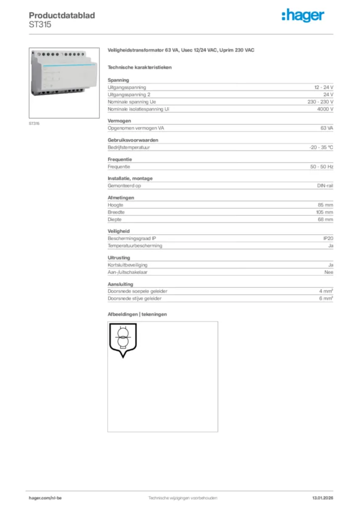 Afbeelding Hager Productdatablad ST315 | Hager Belgium