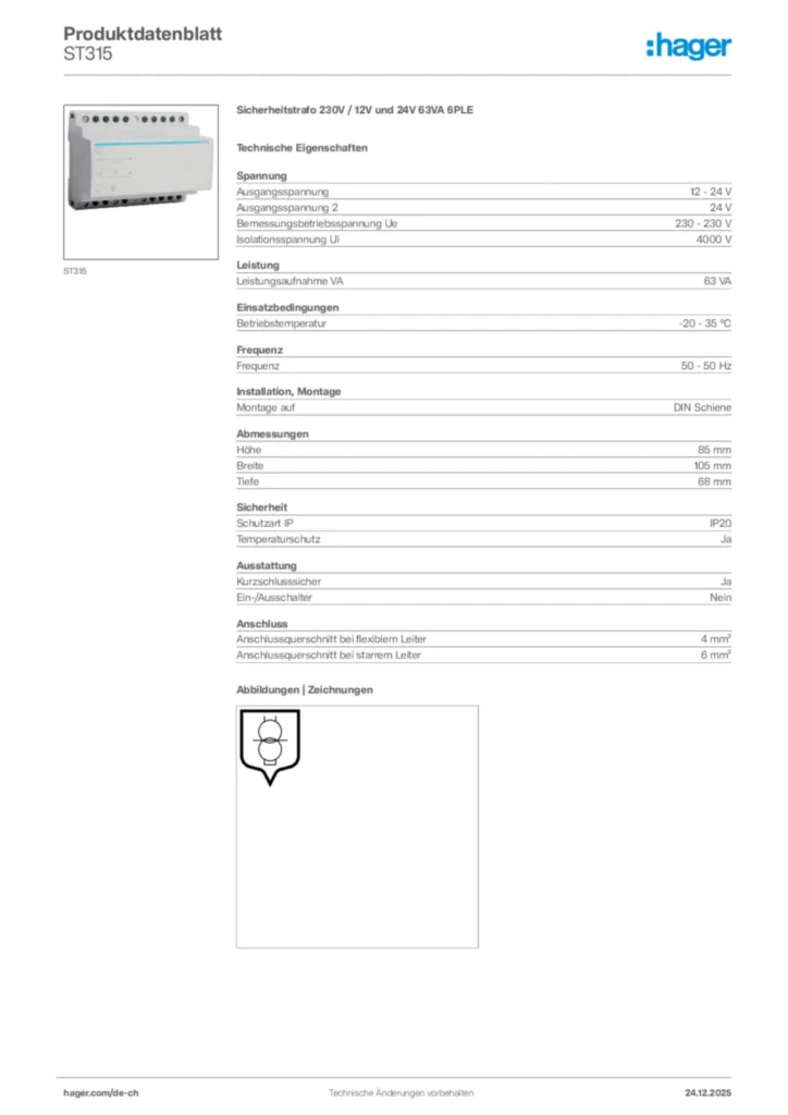 Bild Hager Produktdatenblatt ST315 | Hager Schweiz