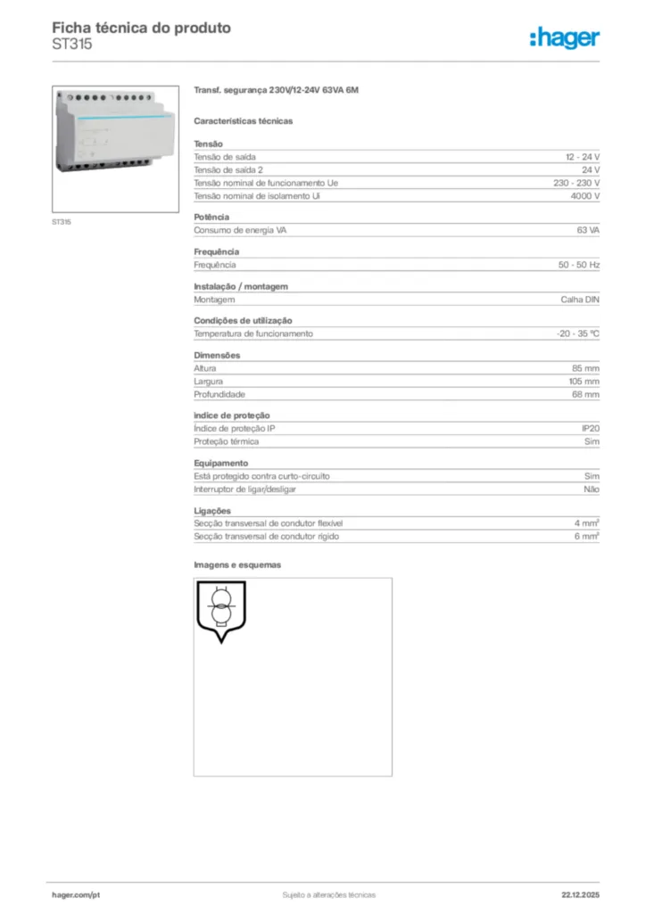 Imagem Hager Ficha técnica do produto ST315 | Hager Portugal