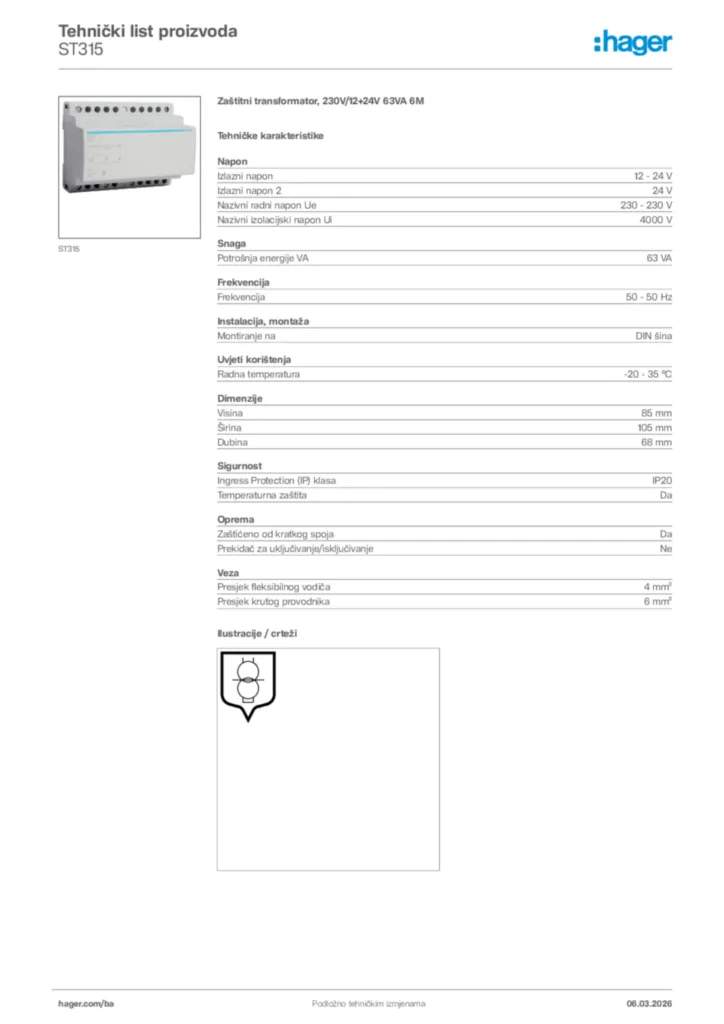 Slika Hager Tehnički list proizvoda ST315  | Hager