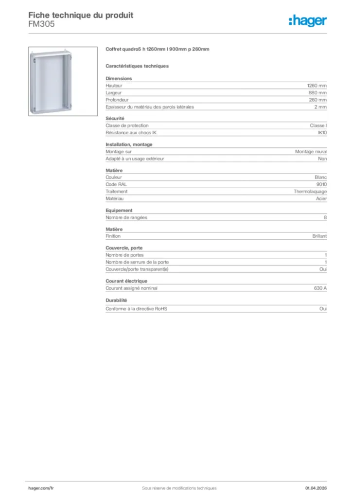 Image Hager Fiche technique du produit FM305 | Hager France