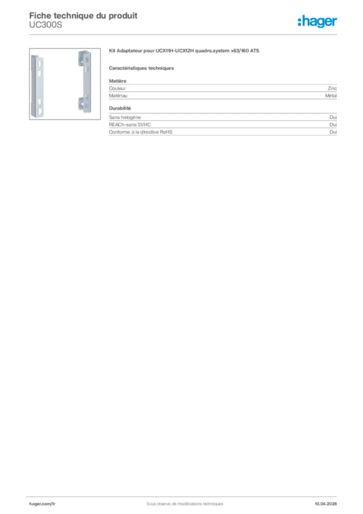 Image Hager Fiche technique du produit UC300S | Hager France