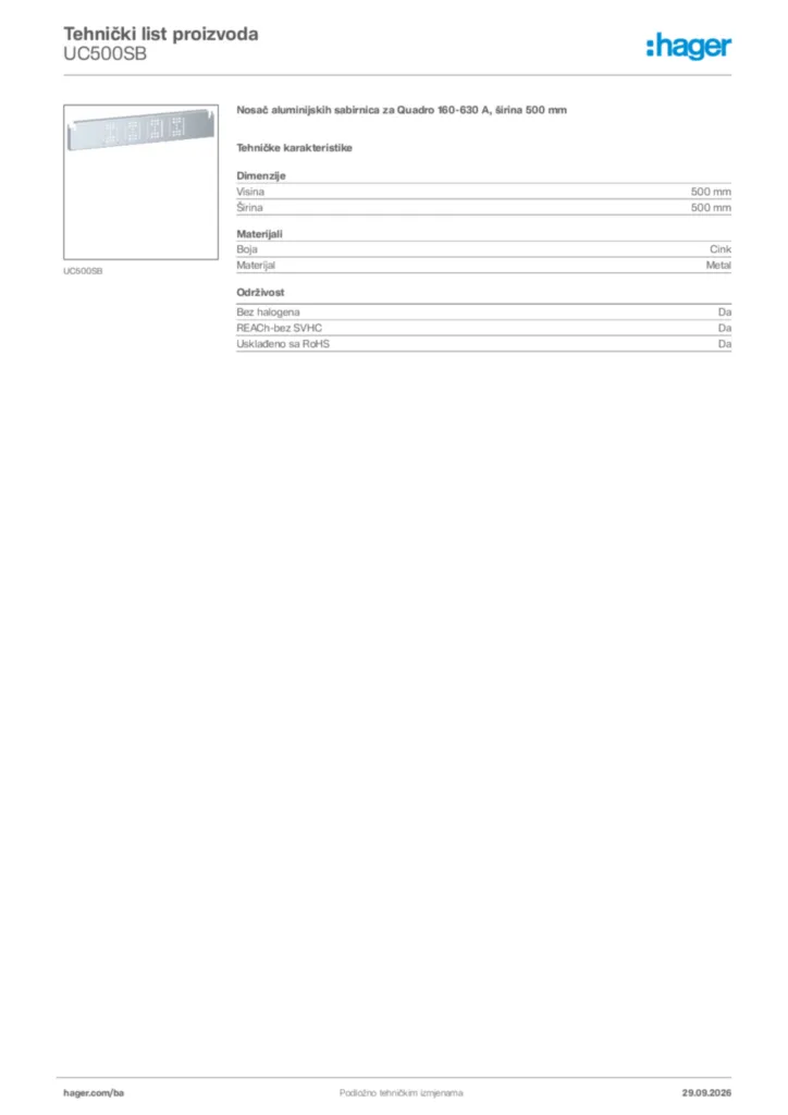 Slika Hager Tehnički list proizvoda UC500SB  | Hager