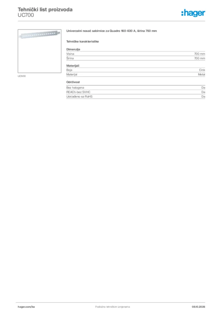 Slika Hager Tehnički list proizvoda UC700  | Hager